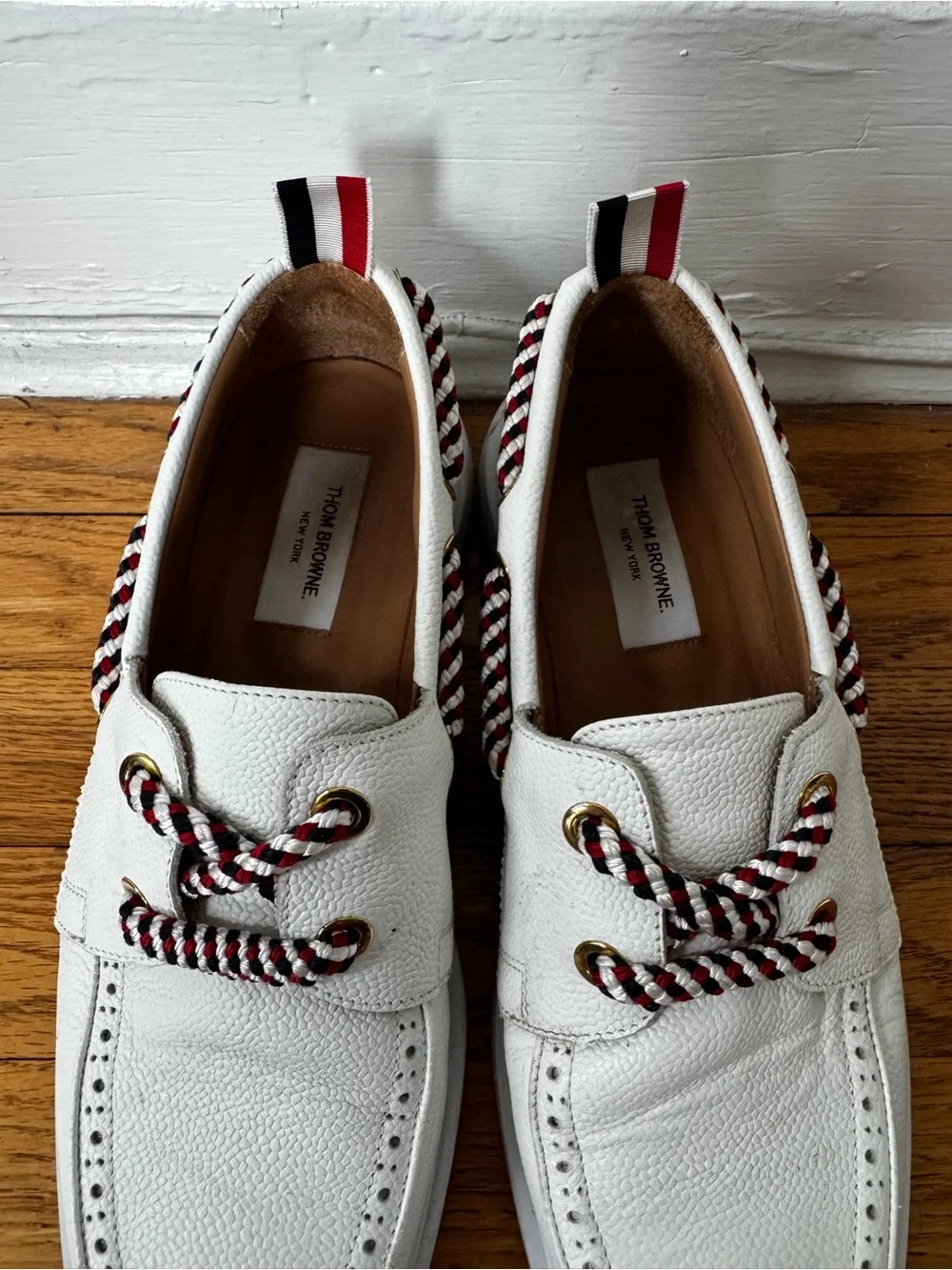 Thom Browne White Leather Boat Shoes with Red-Black-Cream Rope Laces